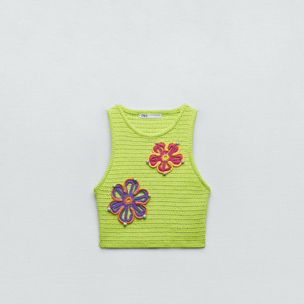Zara Bright Green Crochet Top with Floral Details